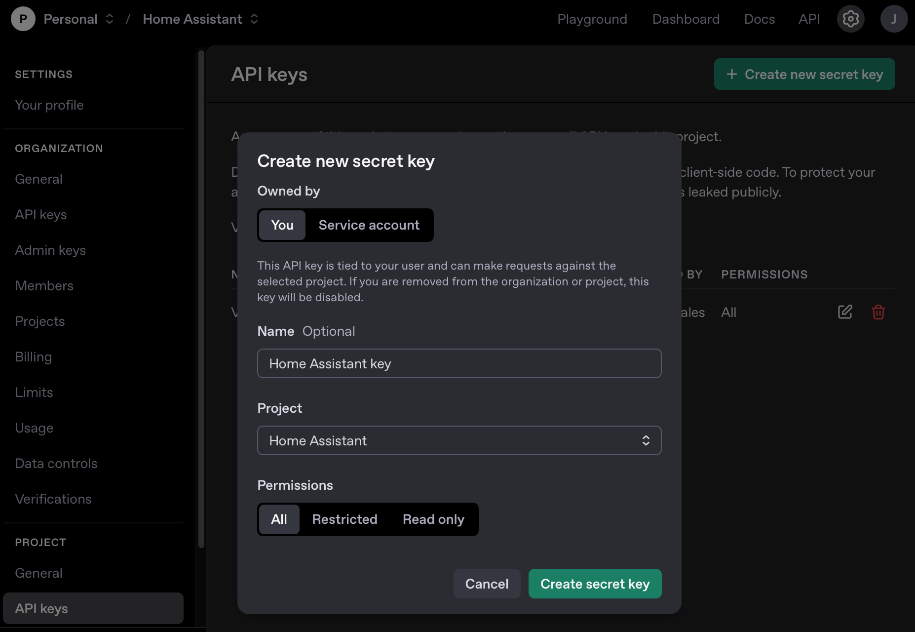 OpenAI API key page - Create new key 1