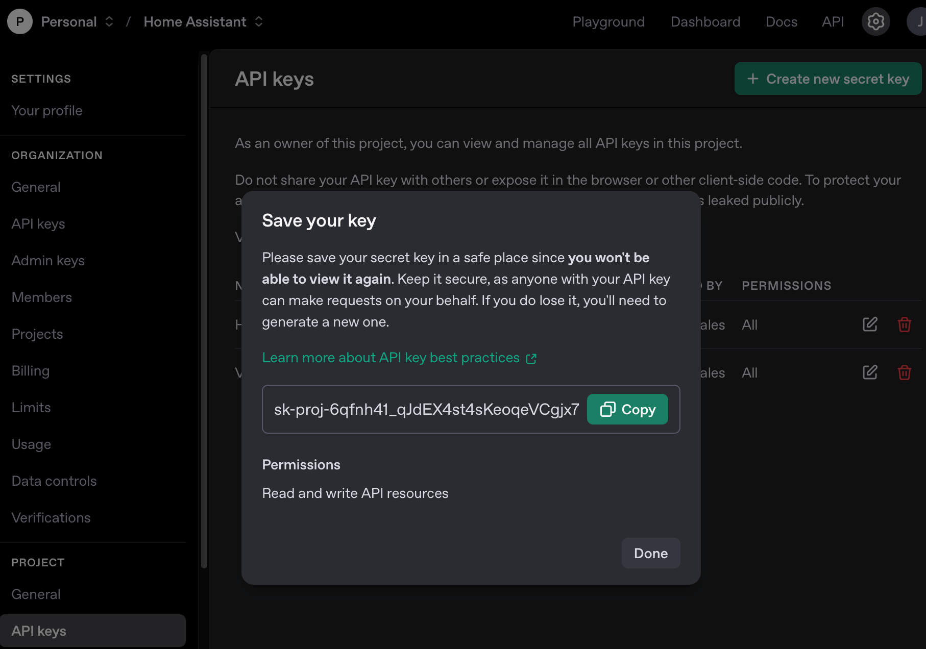 OpenAI API key page - Create new key 2